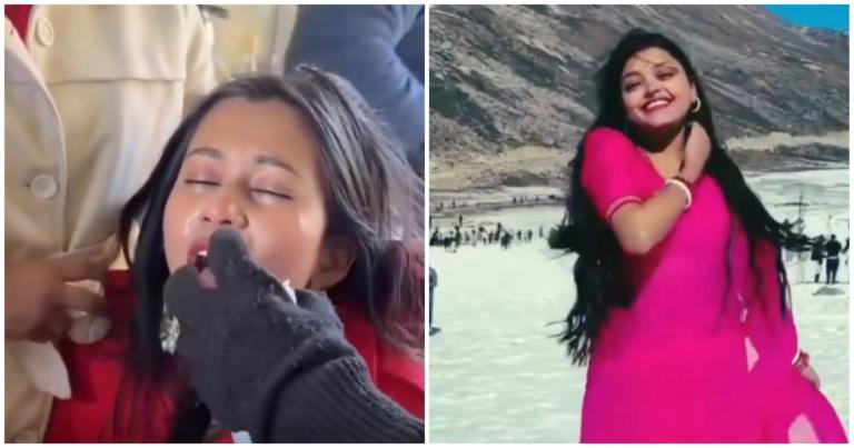 রিলের নেশায় তুচ্ছ জীবন! বরফে পাতলা শিফন পরে নাচতে গিয়ে বিপত্তি তরুণীর