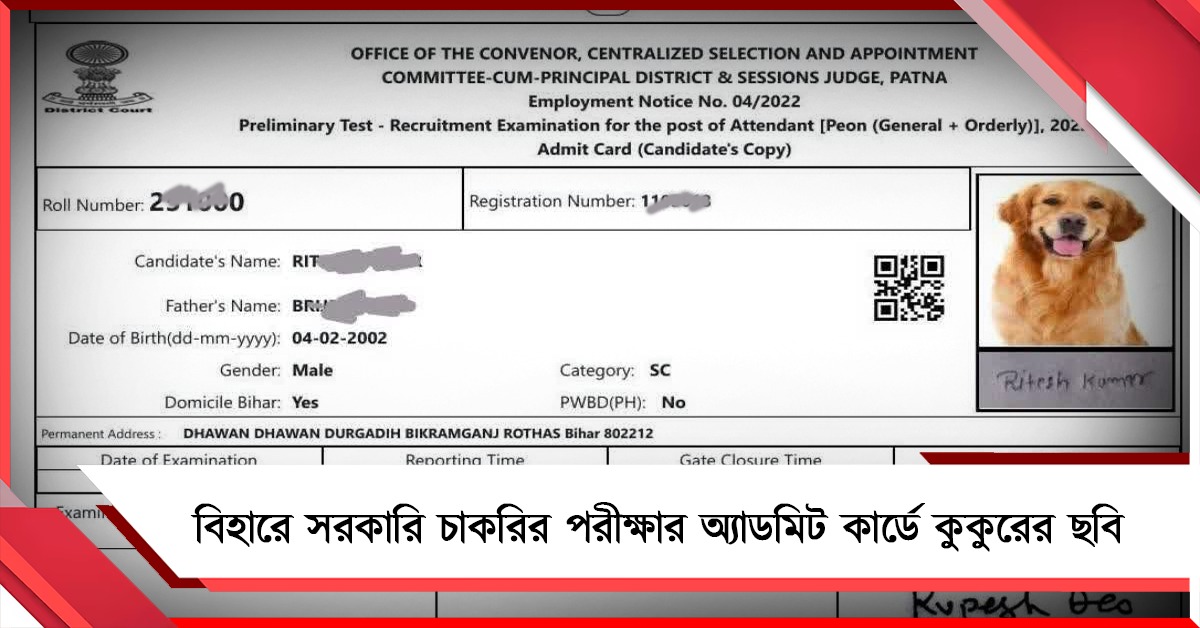 বিহারে সরকারি চাকরির পরীক্ষার অ্যাডমিট কার্ডে কুকুরের ছবি